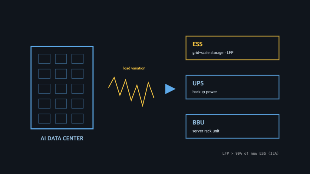 AI 데이터센터의 부하 변동이 ESS·UPS·BBU 3층 배터리 수요를 만드는 구조 도식