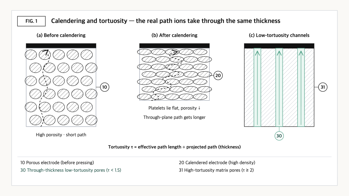 Electrode cross-sections before and after calendering beside through-thickness low-tortuosity pore channels