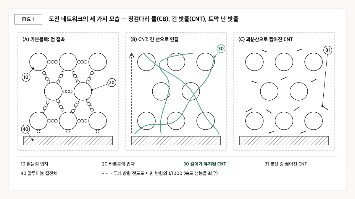 카본블랙의 점 접촉 사슬, 길이가 유지된 CNT의 선형 연결, 과분산으로 짧아진 CNT의 단절된 경로를 세 패널로 비교한 전극 단면 개념도