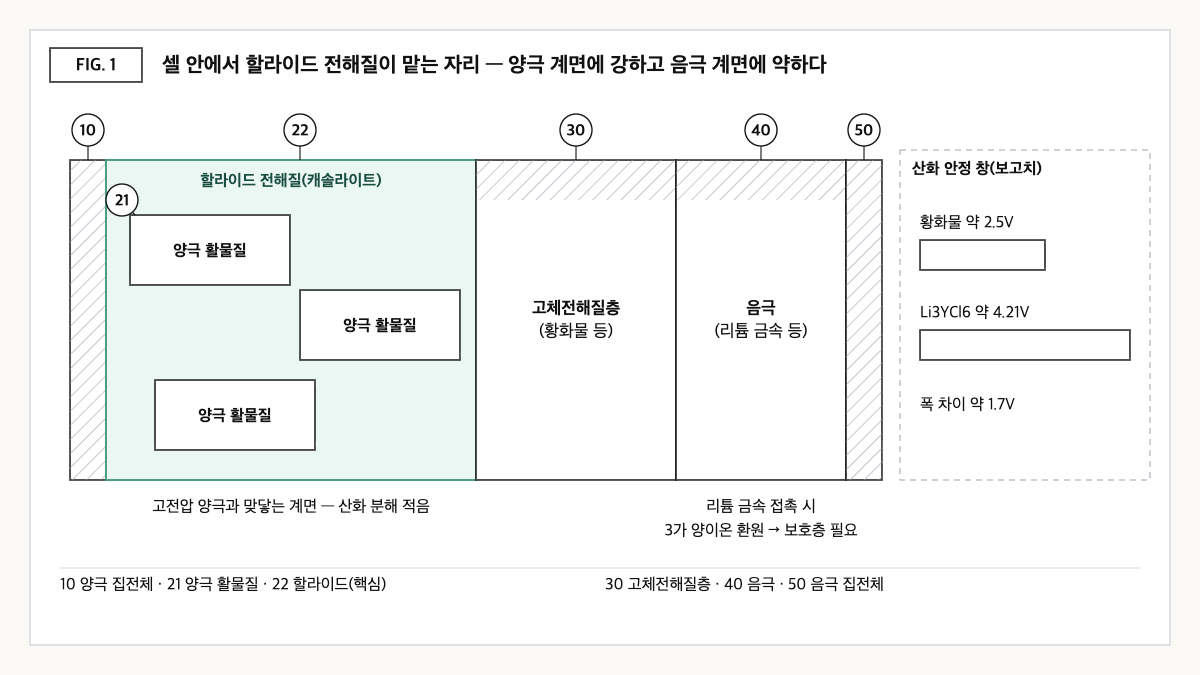 전고체 셀 단면에서 할라이드 전해질이 양극 활물질을 감싸는 캐솔라이트로 배치되고, 황화물 대비 넓은 산화 안정 창과 음극 쪽 환원 취약성을 함께 표시한 도식