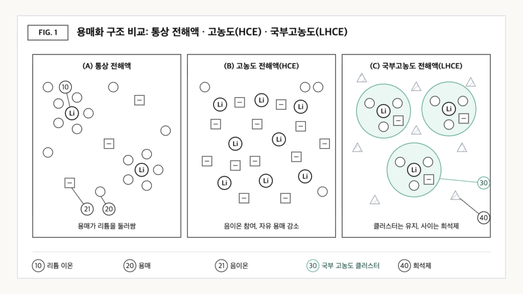 통상 전해액, 고농도 전해액, 국부고농도 전해액에서 리튬 이온 주변의 용매·음이온 배치와 희석제 위치를 세 칸으로 비교한 용매화 구조 개념도