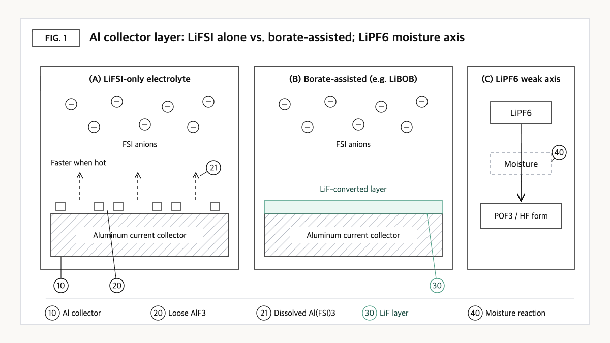 Cross-section concept comparing an aluminum collector in LiFSI-only electrolyte, where Al(FSI)3 dissolves and loose AlF3 remains, with a borate-assisted case forming a LiF layer