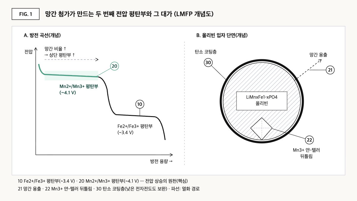 LMFP 방전 곡선에서 약 4.1V 망간 평탄부와 약 3.4V 철 평탄부, 올리빈 입자의 탄소 코팅·망간 용출·얀-텔러 뒤틀림을 나타낸 개념도