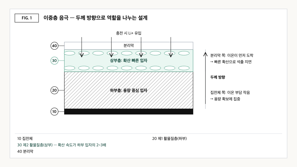 집전체 위에 용량 중심 하부층과 확산이 빠른 상부층을 쌓은 이중층 음극 단면에서 충전 시 리튬 이온이 분리막 쪽부터 들어오는 흐름을 나타낸 도식