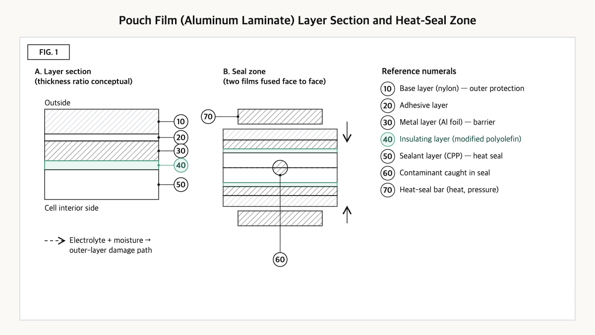 Pouch film multilayer section and a heat seal fusing two CPP faces with a contaminant caught at the interface.