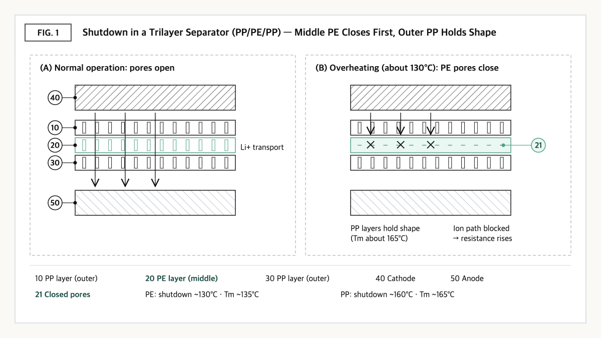 PP/PE/PP trilayer separator: open pores pass lithium ions; at about 130°C the middle PE layer closes its pores