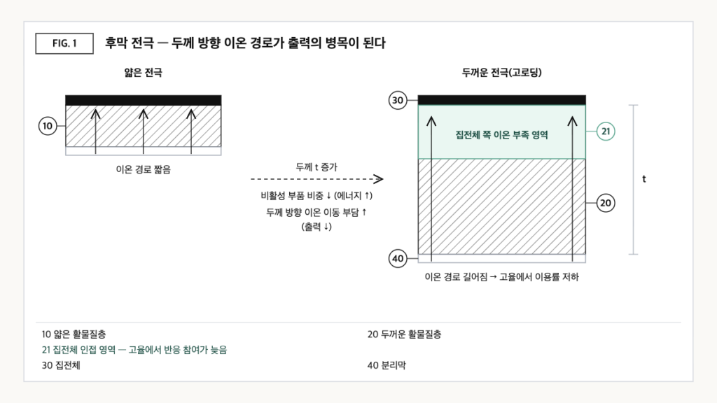 얇은 전극과 두꺼운 고로딩 전극의 단면을 비교해 분리막에서 집전체까지 이온 경로가 길어지고 집전체 쪽에 반응 지연 영역이 생기는 모습을 나타낸 도식